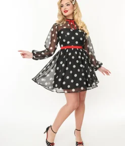 Unique Vintage Fit & Flare|Everyday Dresses>Black & White Polka Dot Flocked Tulle Dress