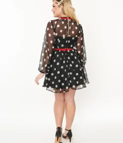 Unique Vintage Fit & Flare|Everyday Dresses>Black & White Polka Dot Flocked Tulle Dress