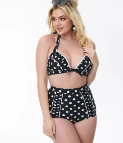 Unique Vintage Swim Tops|All Things Black>Black & White Polka Dot Halter Swim Top