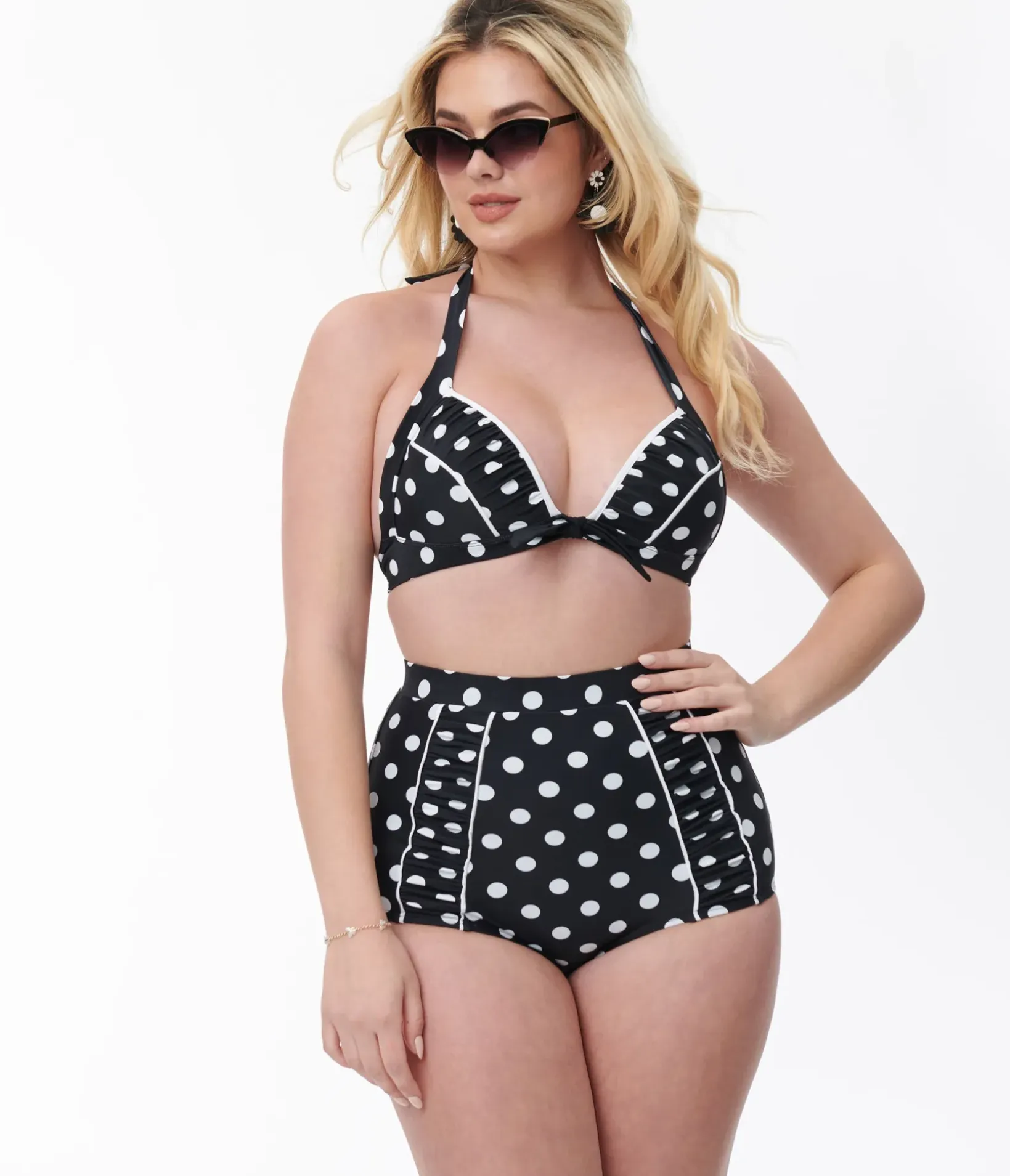 Unique Vintage Swim Tops|All Things Black>Black & White Polka Dot Halter Swim Top