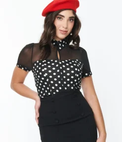 Unique Vintage All Things Black|Work Wear>Black & White Polka Dot Mesh Sweetheart Top