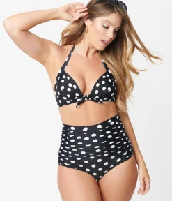 Unique Vintage Swim Tops|Two Piece Swim>Black & White Polka Dot Print Monroe Halter Bikini Top