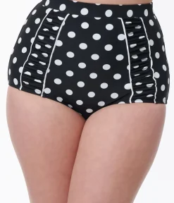 Unique Vintage Swim Bottoms|All Things Black>Black & White Polka Dot Ruched Swim Bottom