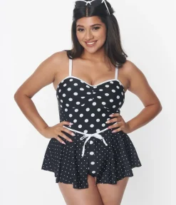 Unique Vintage One Piece Swim|All Things Black>Black & White Polka Dot Skirted Swimsuit