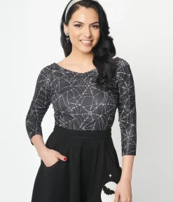Unique Vintage All Things Black|Halloween>Black & White Spiderweb Scarlett Top