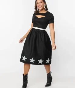 Unique Vintage Everyday Dresses>Black & White Star Cut Out Dress