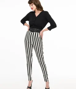 Unique Vintage Pants|Disney Bounding>Black & White Stripe Belted Rizzo Cigarette Pants