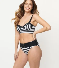 Unique Vintage Swim Tops>Black & White Stripe Marlene Crop Swim Top