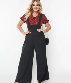 Unique Vintage Pants|All Things Black>Black Wide Leg Rochelle Suspender Pants