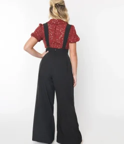 Unique Vintage Pants|All Things Black>Black Wide Leg Rochelle Suspender Pants