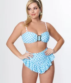 Unique Vintage Swim Tops|Two Piece Swim>Blue Gingham Buckle Swim Top