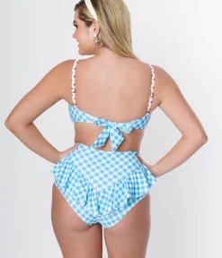 Unique Vintage Swim Tops|Two Piece Swim>Blue Gingham Buckle Swim Top