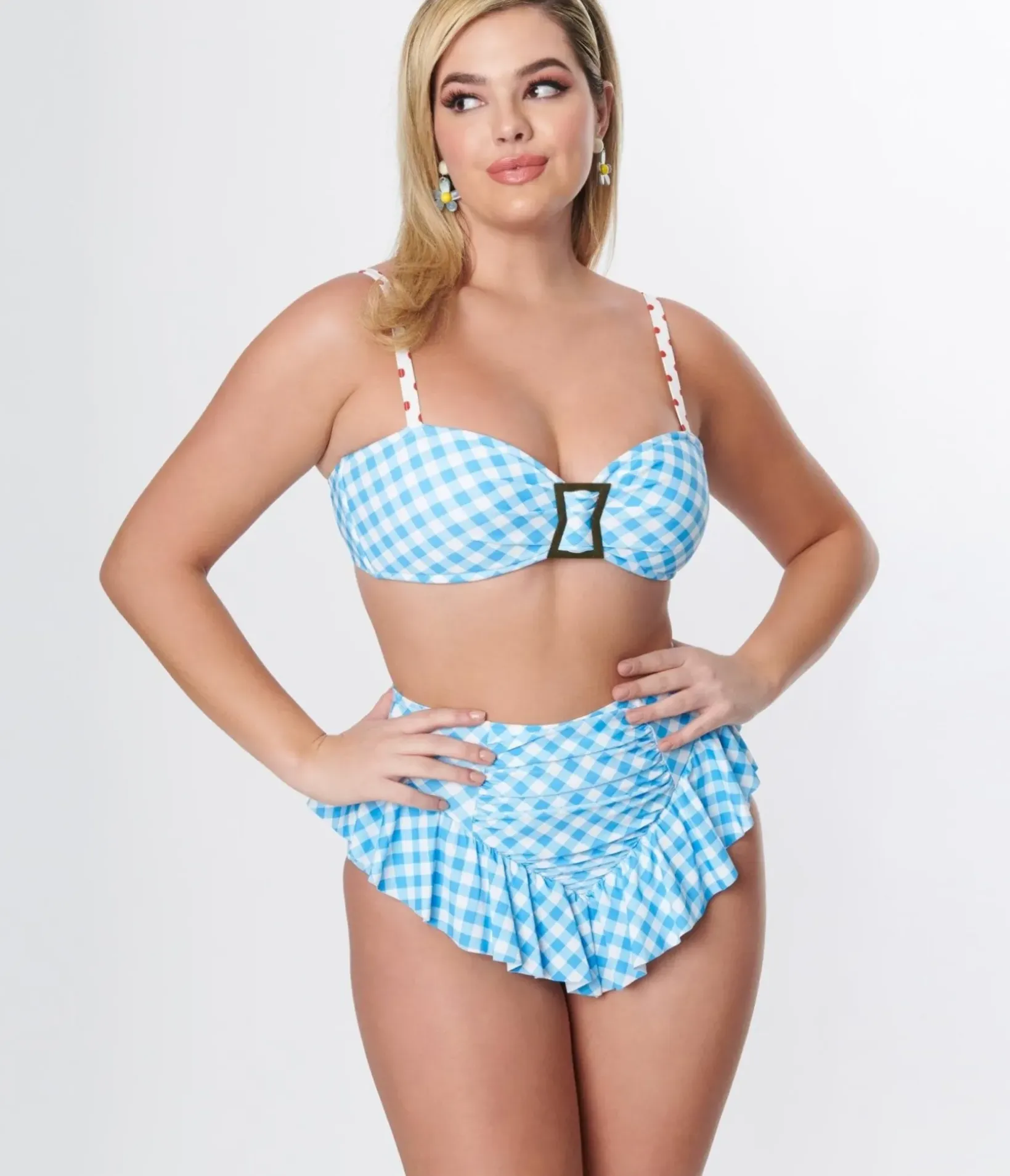 Unique Vintage Swim Tops|Two Piece Swim>Blue Gingham Buckle Swim Top