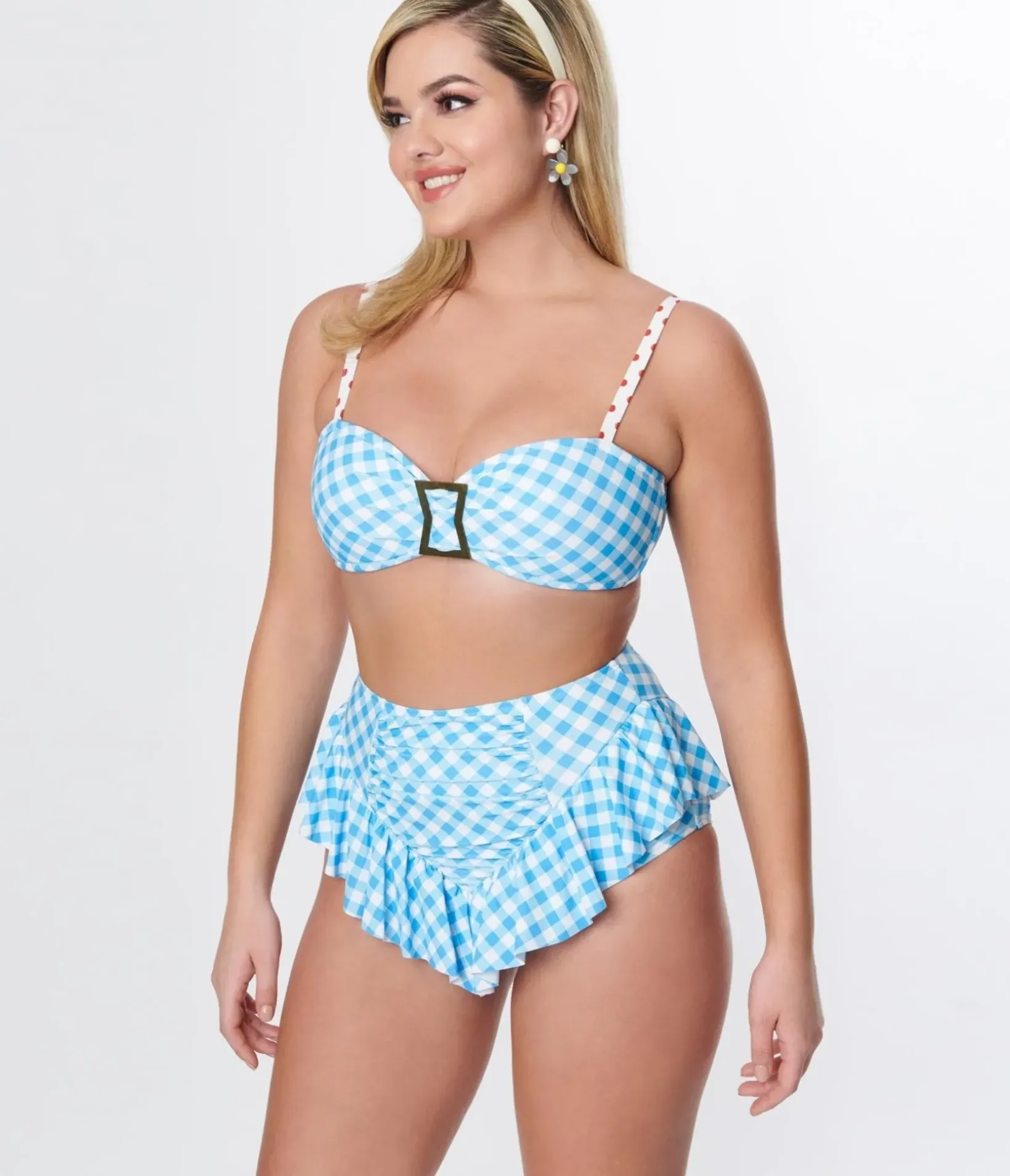 Unique Vintage Swim Tops|Two Piece Swim>Blue Gingham Buckle Swim Top
