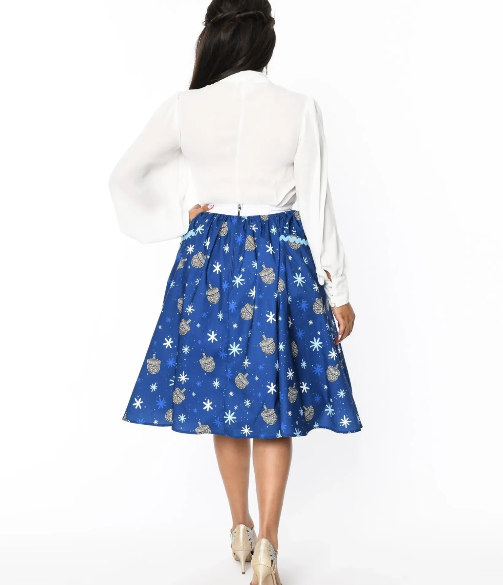 Unique Vintage Skirts>Blue Hanukkah Print Susannah Swing Skirt