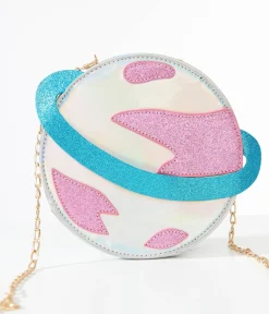 Unique Vintage All Things Pink|Novelty Bags>Blue & Pink Glitter Saturn Planet Crossbody Bag