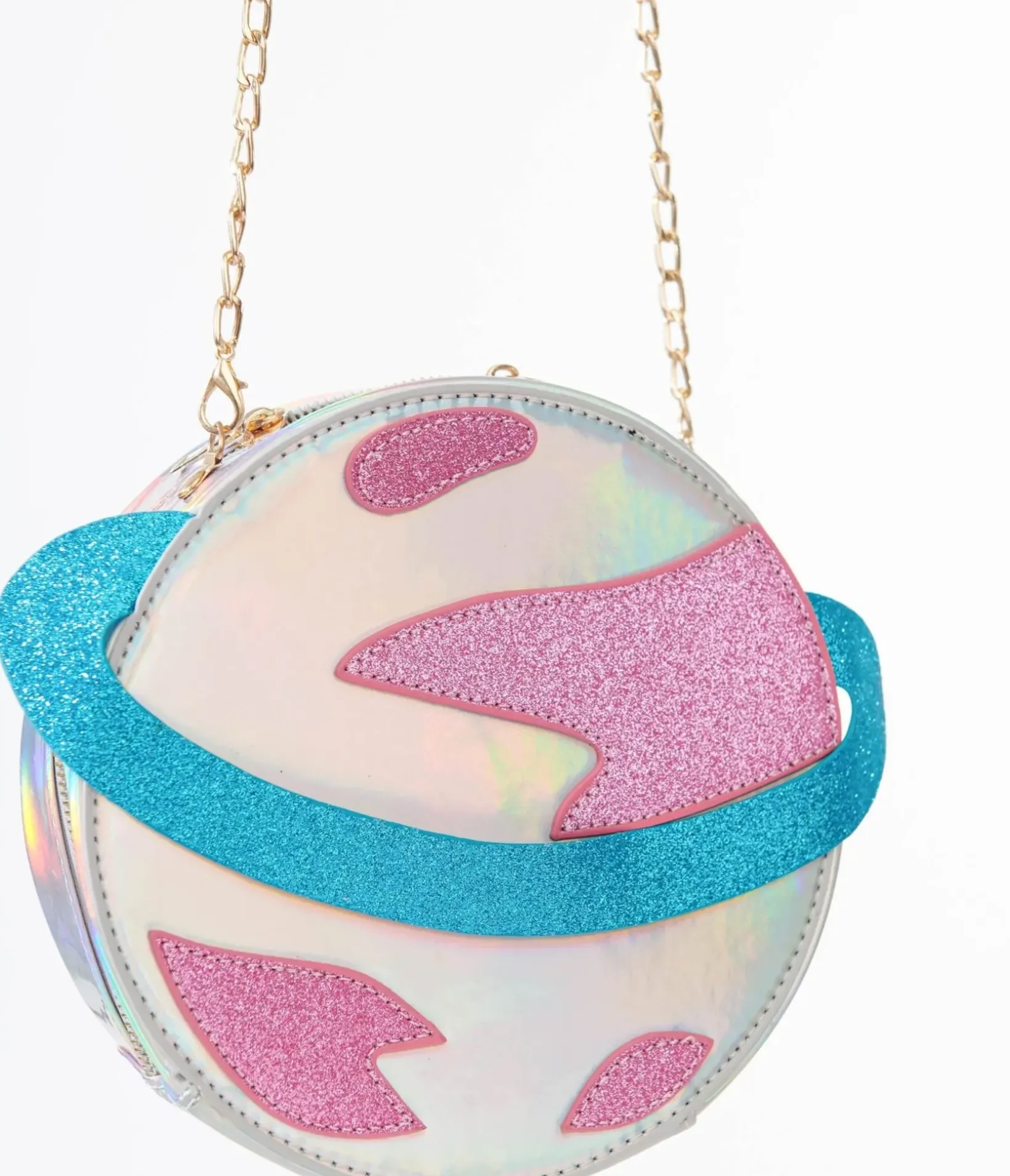 Unique Vintage All Things Pink|Novelty Bags>Blue & Pink Glitter Saturn Planet Crossbody Bag