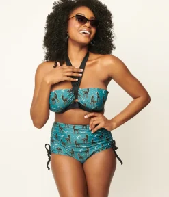 Unique Vintage Swim Tops|Two Piece Swim>Blue & Spooky Cat Print Forever Glam Swim Top