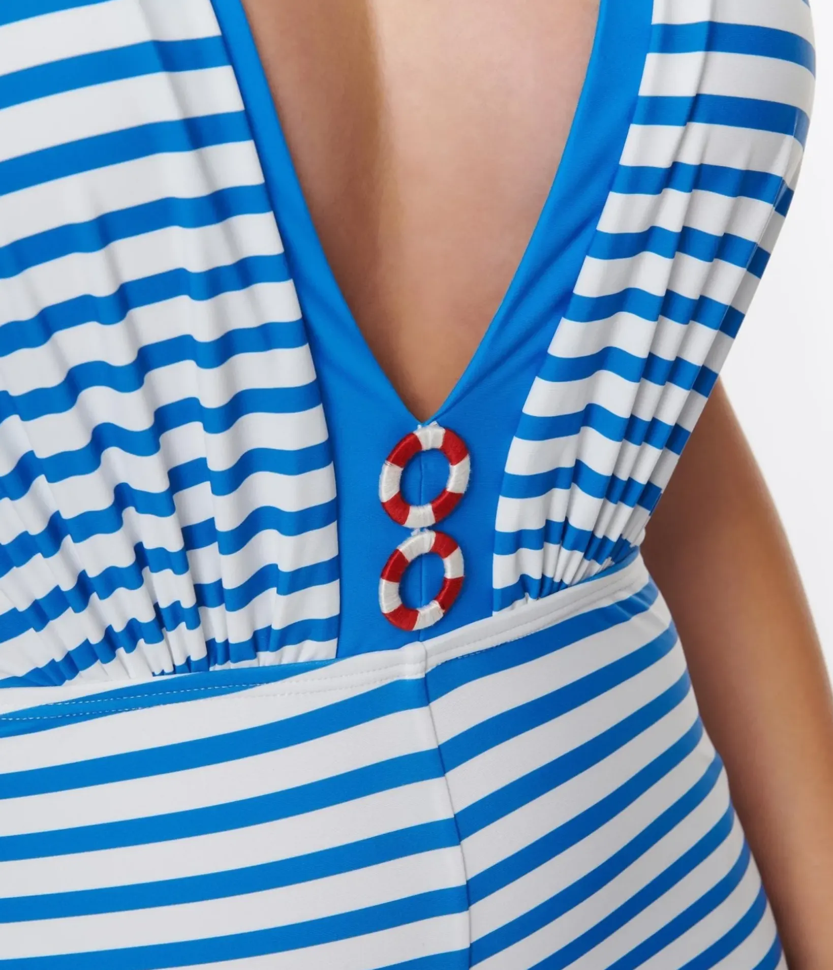 Unique Vintage One Piece Swim>Blue & White Sailor Stripe Romper Swimsuit