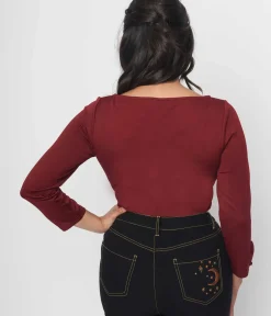 Unique Vintage Halloween>Burgundy & Bat Cutout Gracie Top