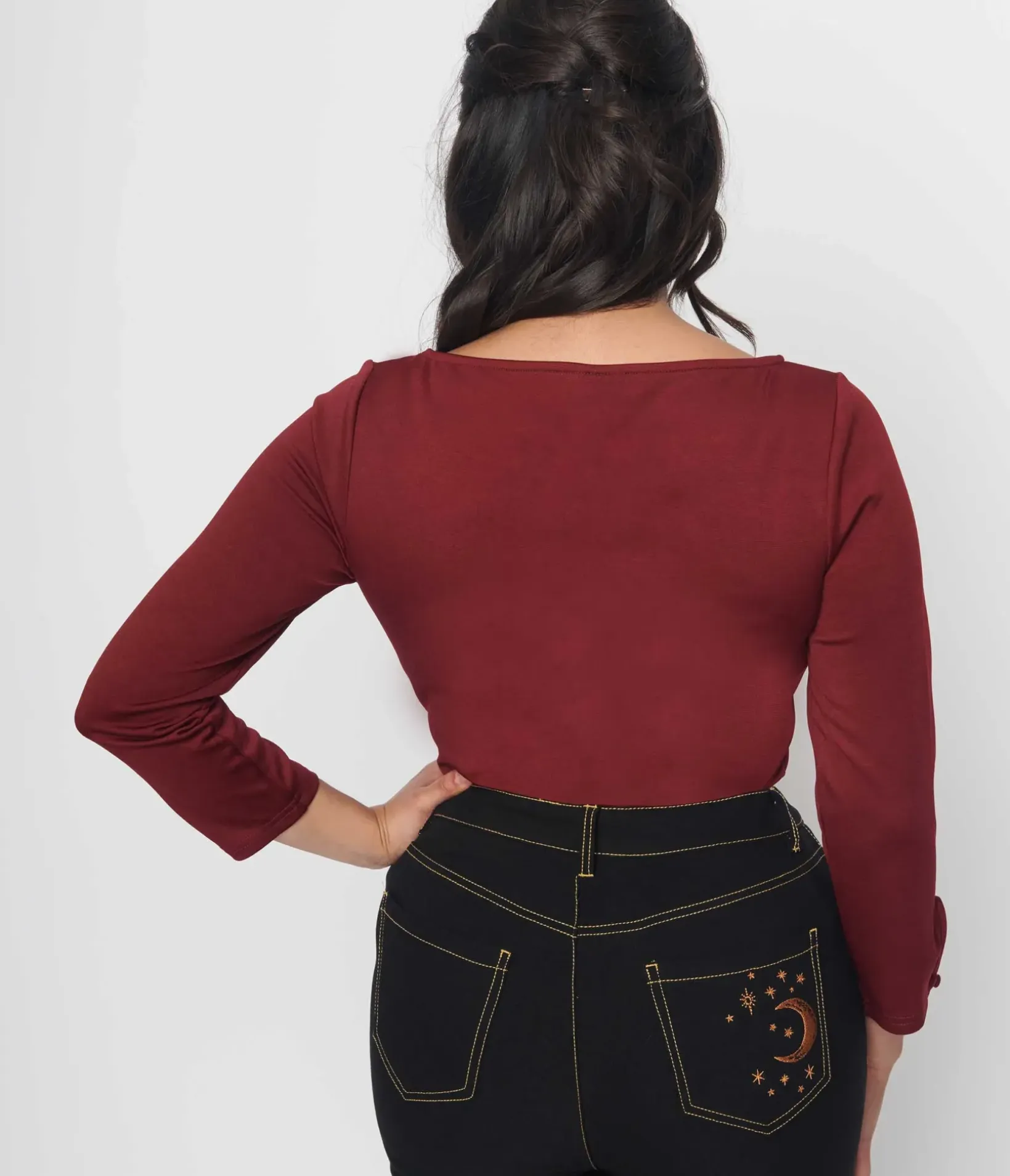 Unique Vintage Halloween>Burgundy & Bat Cutout Gracie Top
