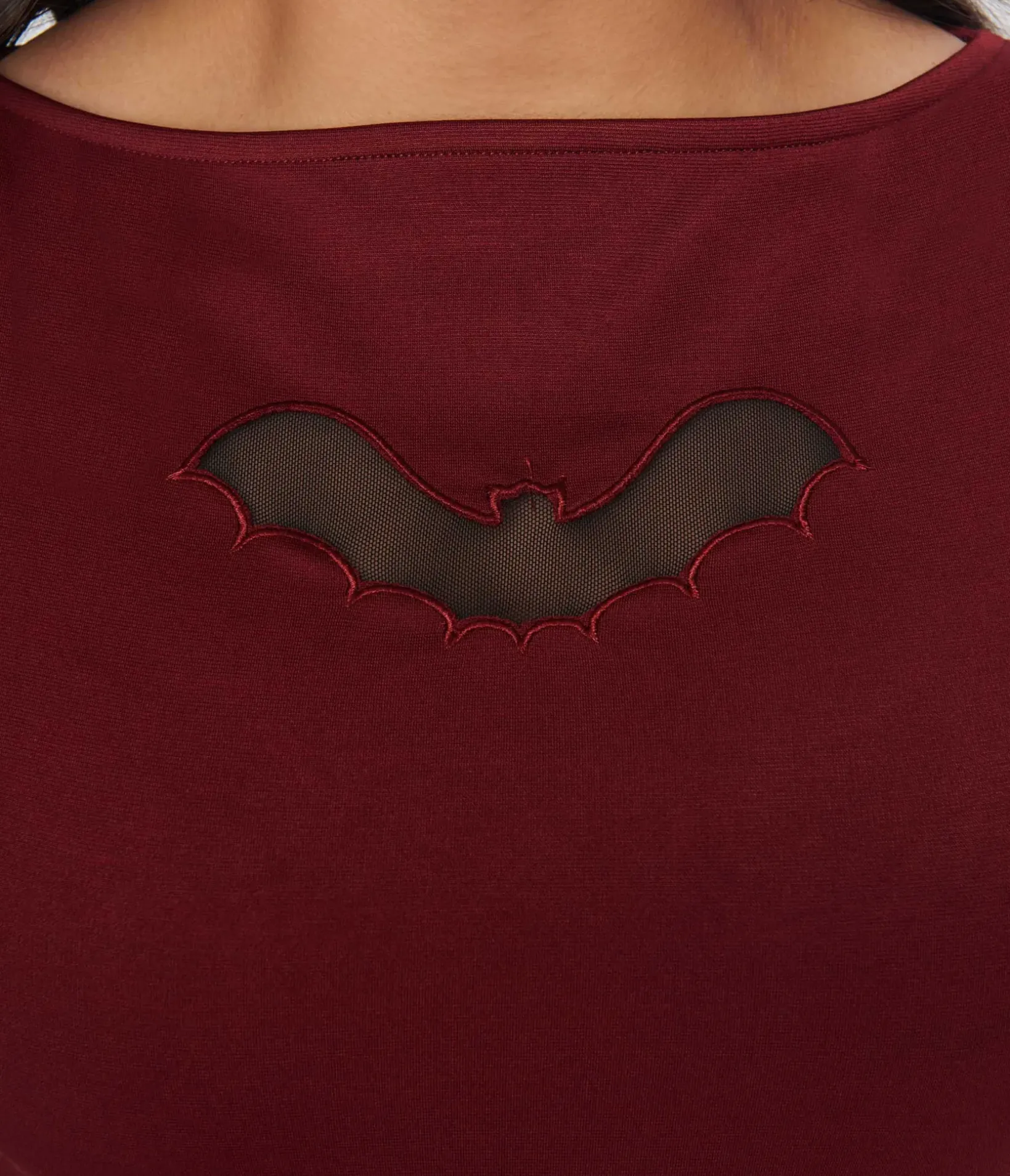 Unique Vintage Halloween>Burgundy & Bat Cutout Gracie Top