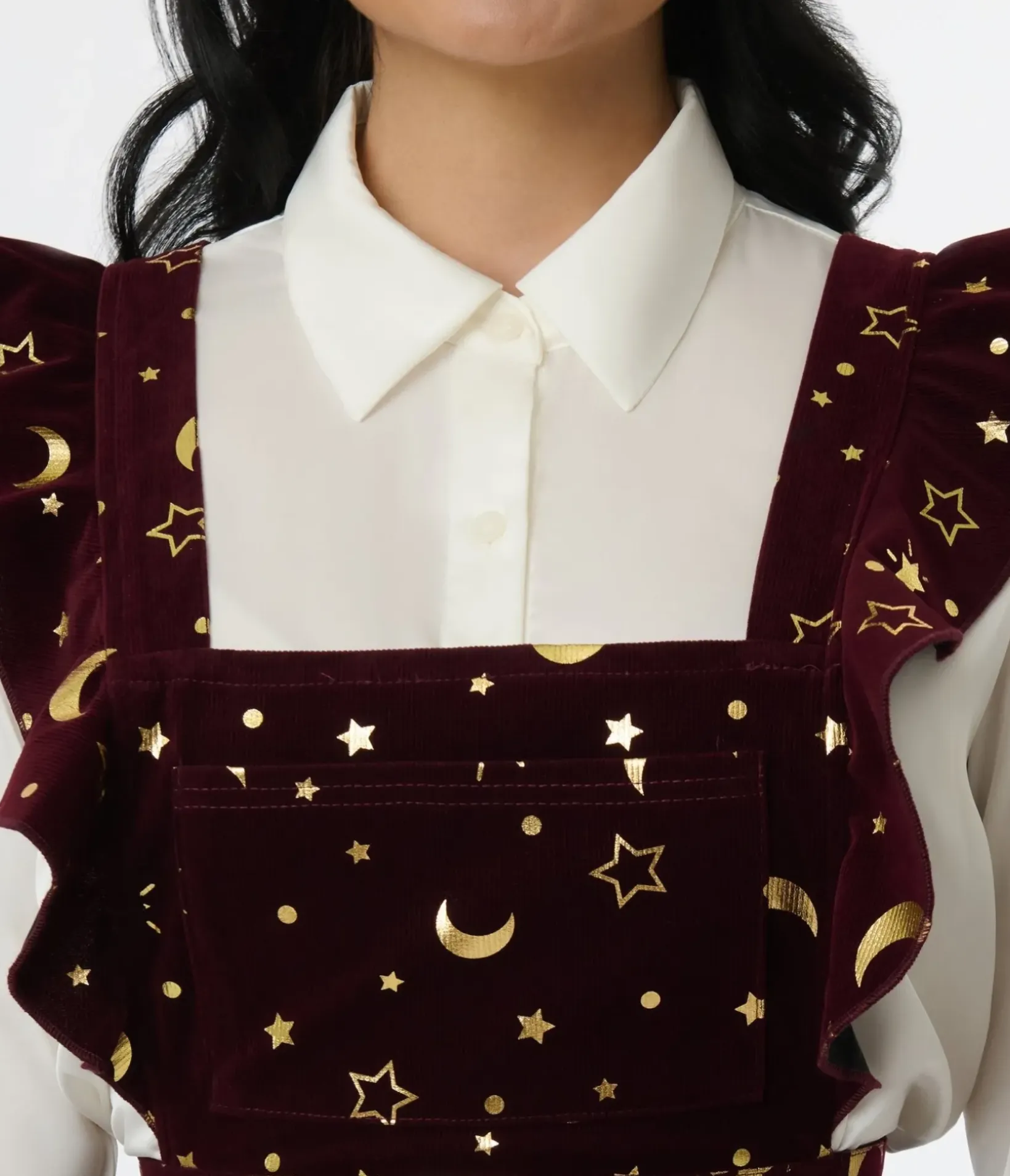 Unique Vintage Skirts>Burgundy & Gold Moon & Star Corduroy Ruffle Pinafore
