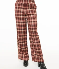 Unique Vintage Pants|Work Wear>Burgundy Plaid Double Belt Woven Pants