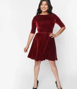 Unique Vintage Fit & Flare|Fit & Flare>Burgundy Velvet Stephanie Fit & Flare Dress