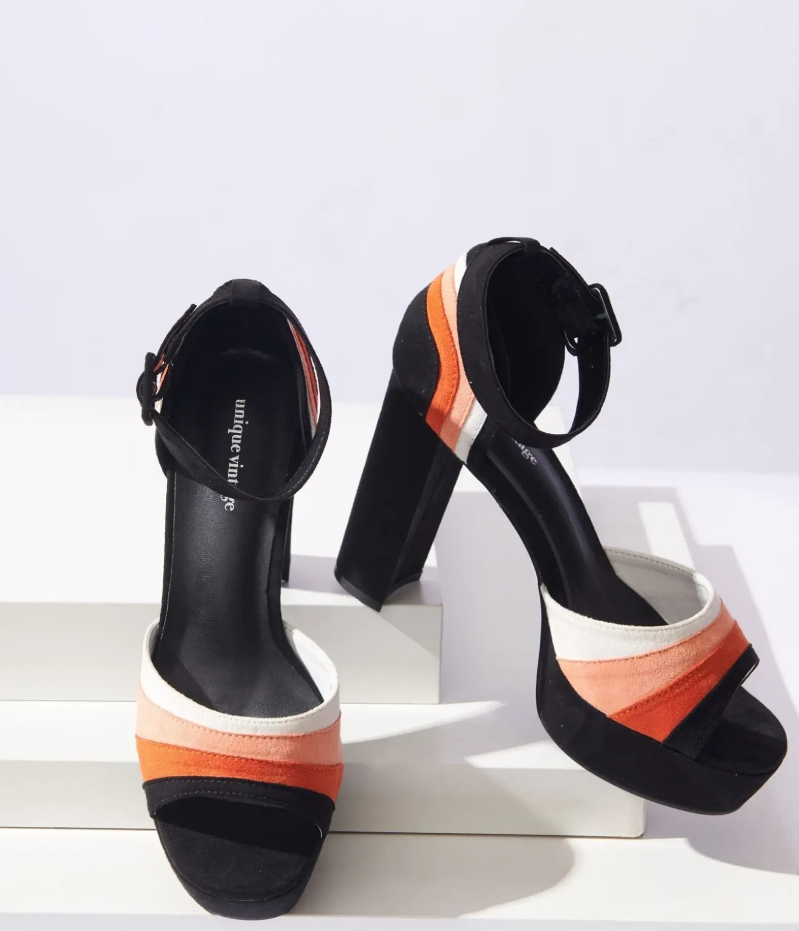 Unique Vintage All Things Black|Halloween>Candy Corn Suede Peep Toe Pumps