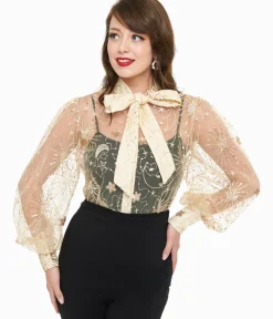 Unique Vintage Blouses>Champagne Celestial Sequin Sheer Gwen Blouse