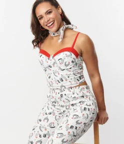 Unique Vintage Blouses|All Things Red>Chicken Print & Red Contrast Crop Top