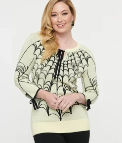 Unique Vintage Sweaters & Cardigans|Halloween>Cream & Black Spiderweb Keyhole Sweater