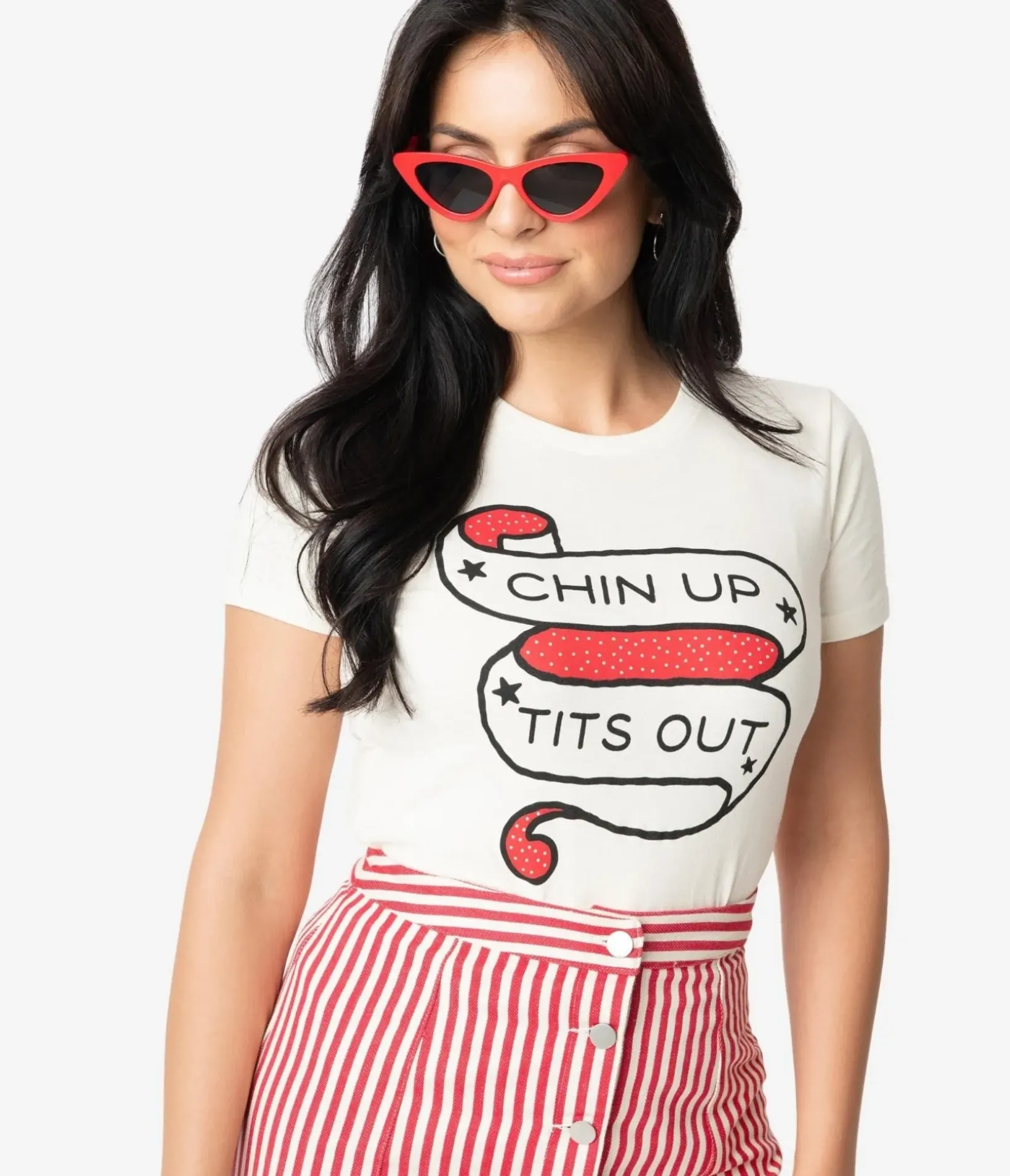 Unique Vintage Graphic Tees|Graphic Tees>Cream Chin Up Tits Out Womens Tee
