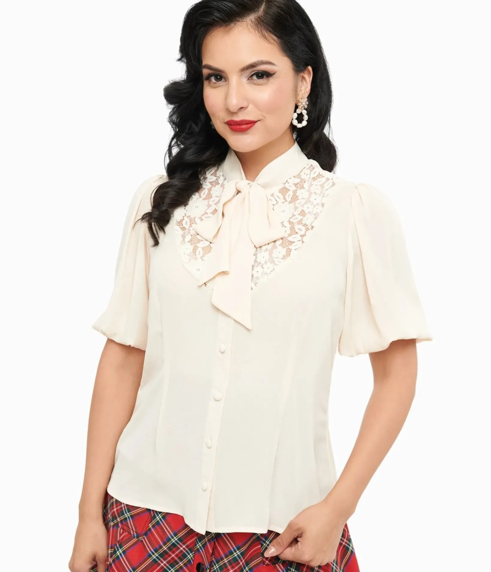 Unique Vintage Blouses|Work Wear>Cream Short Sleeve Neck Tie Gwen Blouse