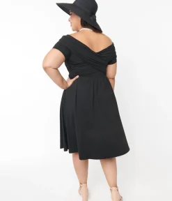 Unique Vintage Swing|Pocket Dresses>Curve Black Shirred Swing Dress
