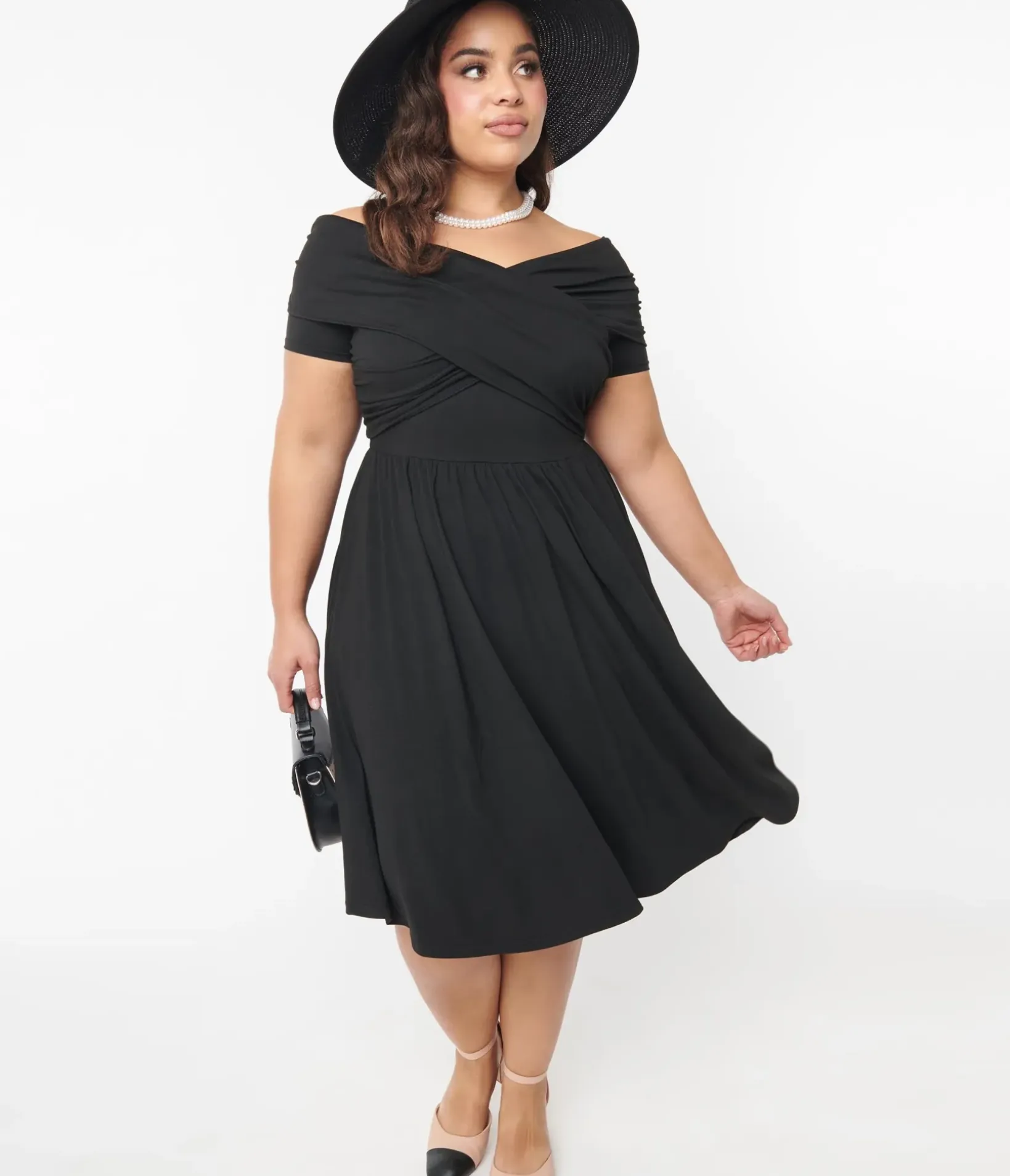 Unique Vintage Swing|Pocket Dresses>Curve Black Shirred Swing Dress