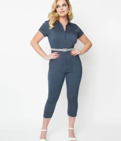 Unique Vintage Rompers & Jumpsuits>Dark Blue Denim Bold Moment Jumpsuit