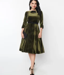 Unique Vintage Swing|Pocket Dresses>Deep Olive Green Velvet Faux Bow Devon Swing Dress