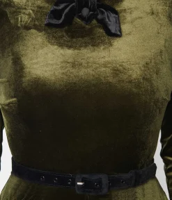 Unique Vintage Swing|Pocket Dresses>Deep Olive Green Velvet Faux Bow Devon Swing Dress