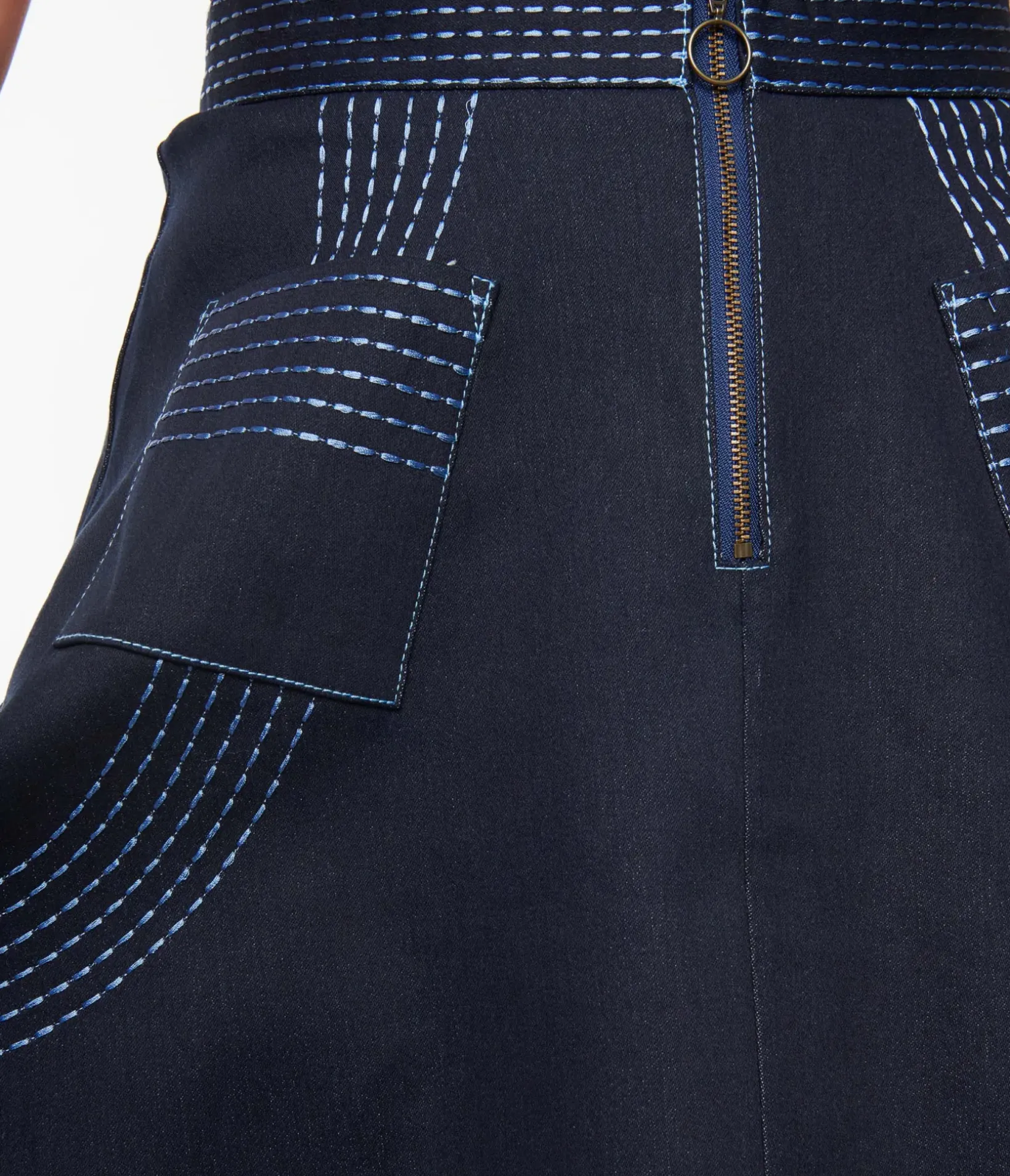 Unique Vintage Skirts>Denim Blue Patch Pocket Swing Skirt