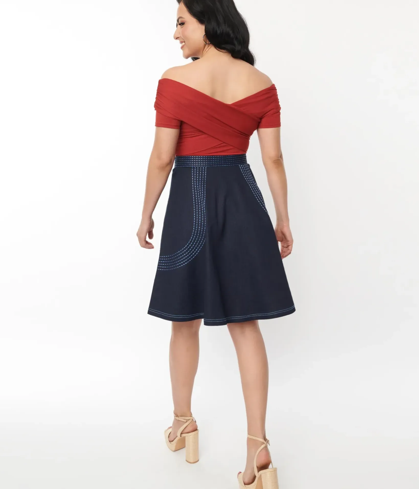 Unique Vintage Skirts>Denim Blue Patch Pocket Swing Skirt