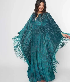 Unique Vintage Maxi|Caftans>Emerald Floral Fringe Flutter Sleeve Caftan