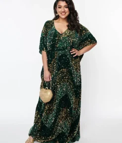Unique Vintage Maxi|Caftans>Emerald & Gold Sequin Burton Caftan Dress