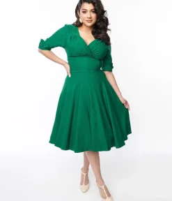Unique Vintage Swing|Pocket Dresses>Emerald Green Delores Swing Dress with Sleeves