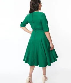 Unique Vintage Swing|Pocket Dresses>Emerald Green Delores Swing Dress with Sleeves
