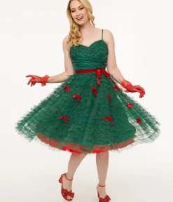 Unique Vintage Swing|Swing>Emerald Green & Red Ribbon Tulle Cupcake Swing Dress
