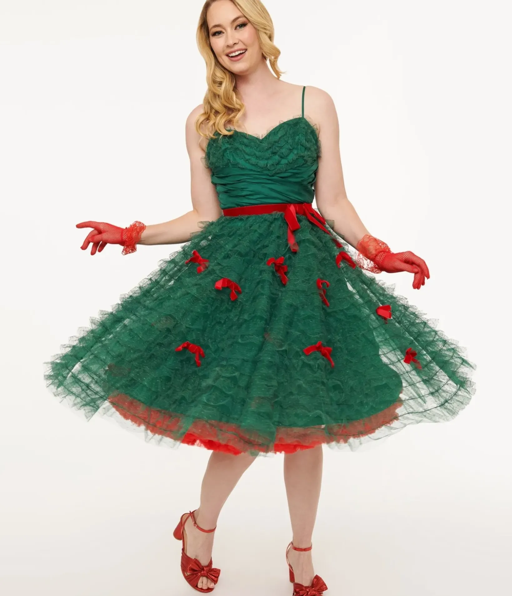 Unique Vintage Swing|Swing>Emerald Green & Red Ribbon Tulle Cupcake Swing Dress