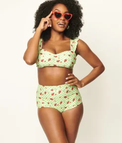 Unique Vintage Swim Tops|Two Piece Swim>Green Gingham & Ladybug Print Ruched & Ready Swim Top