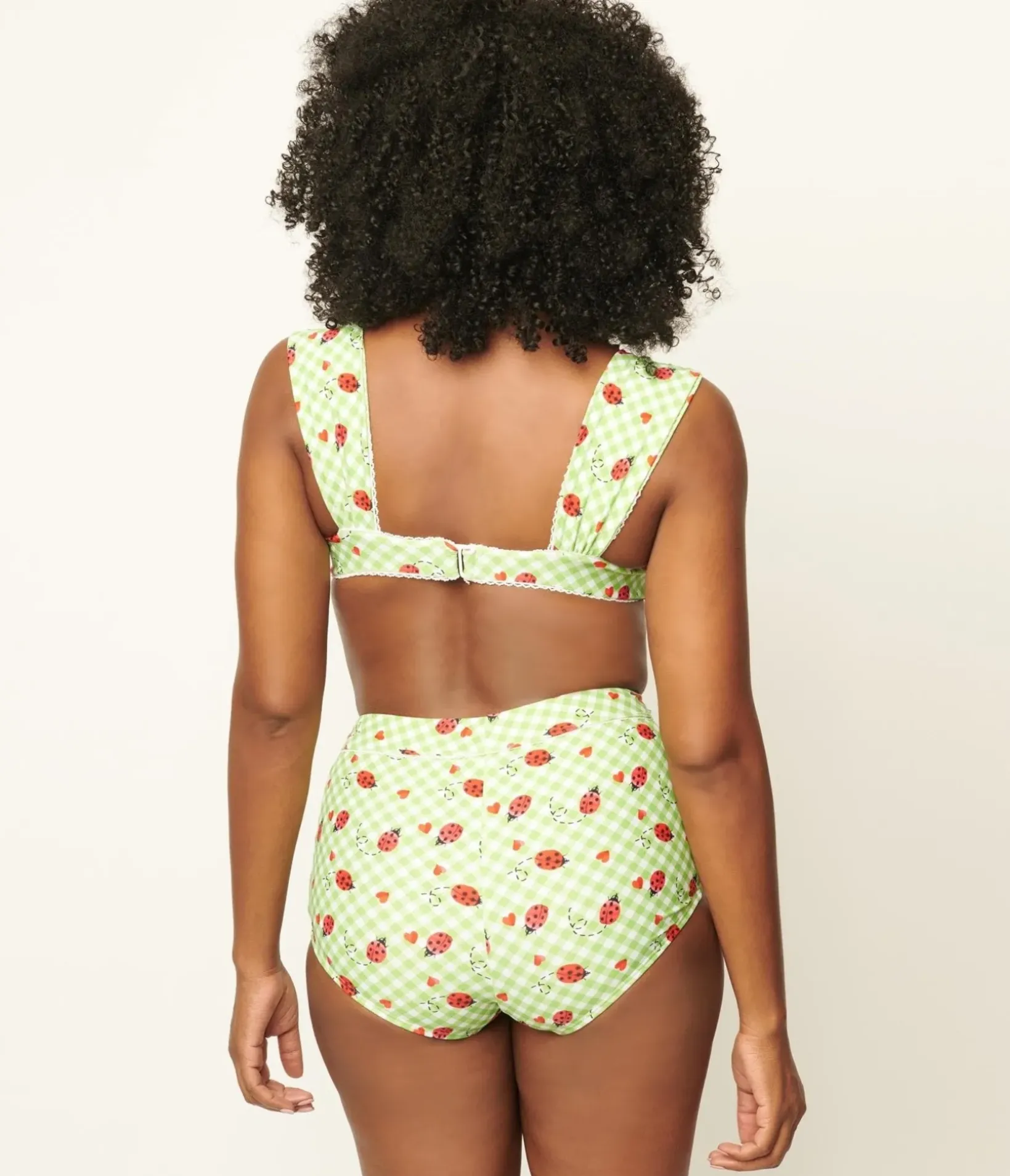 Unique Vintage Swim Tops|Two Piece Swim>Green Gingham & Ladybug Print Ruched & Ready Swim Top